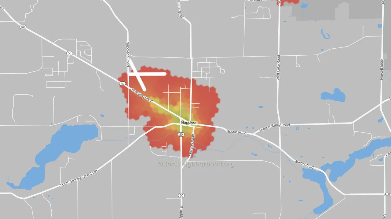 Walk Grade map of 49261, MI, walkable areas in green and car-dependent areas in red