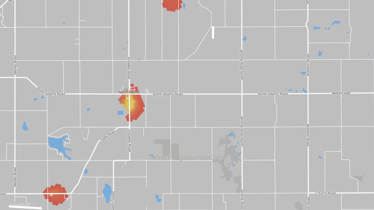 Walk Grade map of 49262, MI, walkable areas in green and car-dependent areas in red