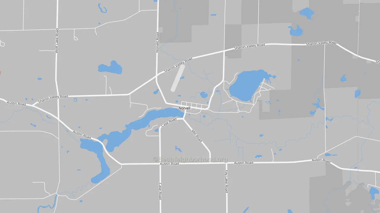 Walk Grade map of 49263, MI, walkable areas in green and car-dependent areas in red