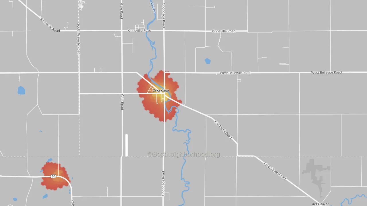 Walk Grade map of 49264, MI, walkable areas in green and car-dependent areas in red