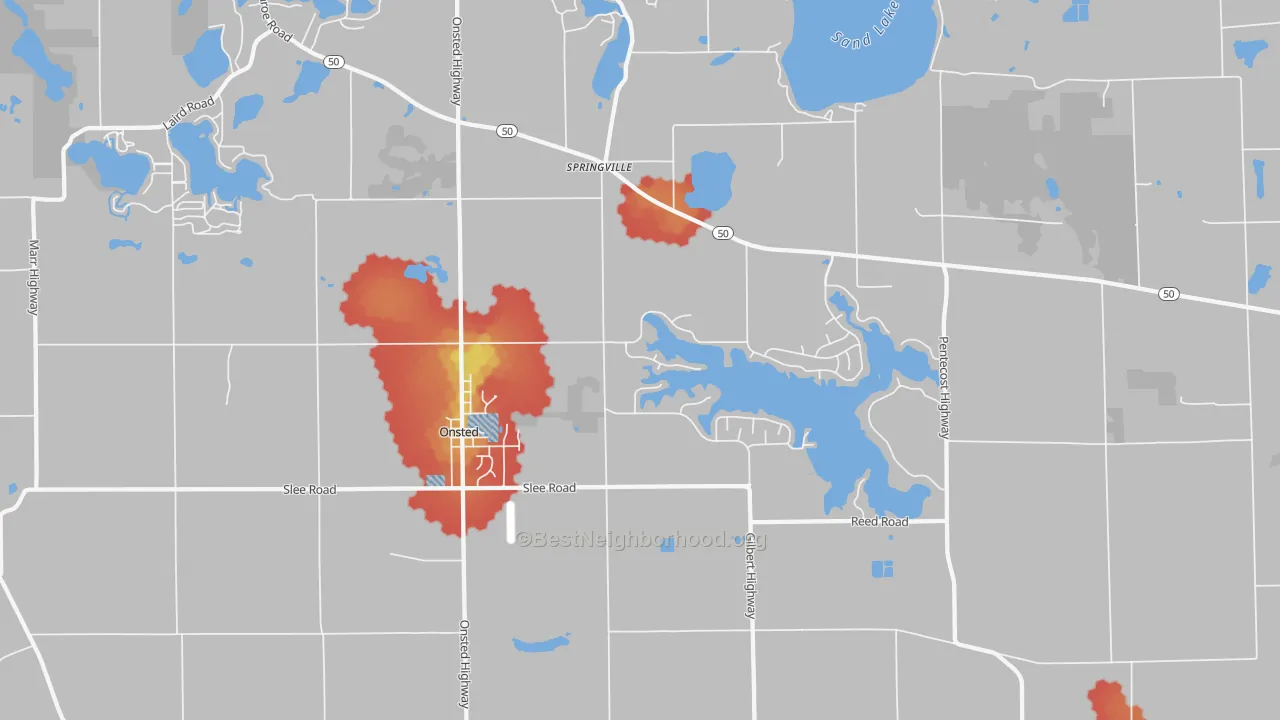 Walk Grade map of 49265, MI, walkable areas in green and car-dependent areas in red