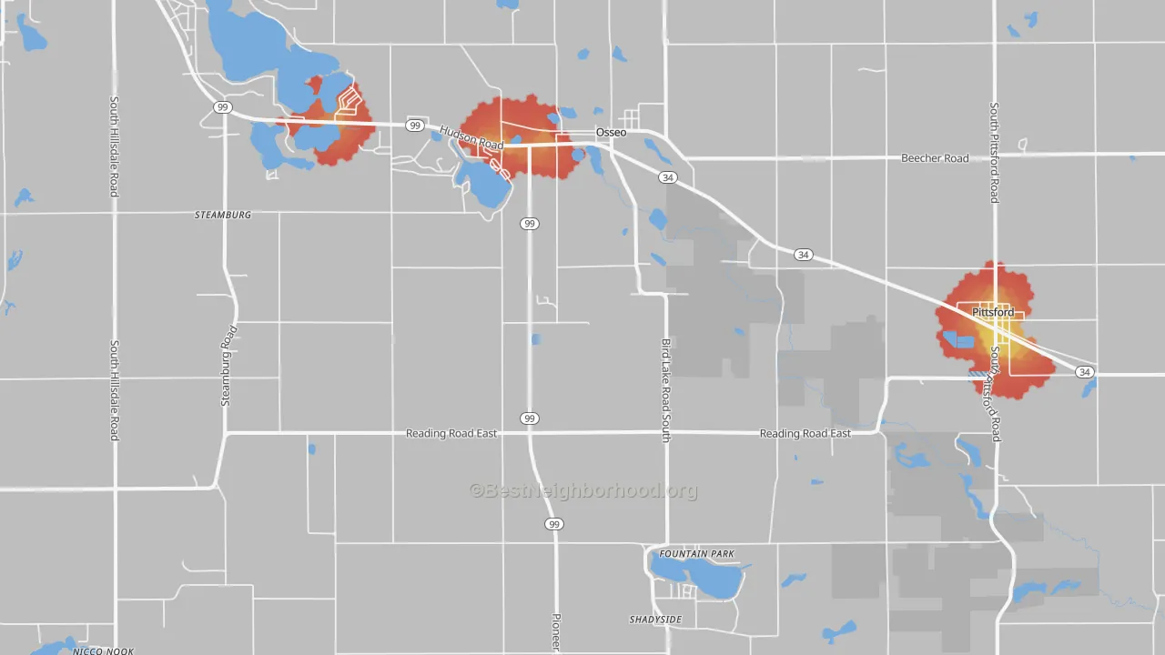 Walk Grade map of 49266, MI, walkable areas in green and car-dependent areas in red