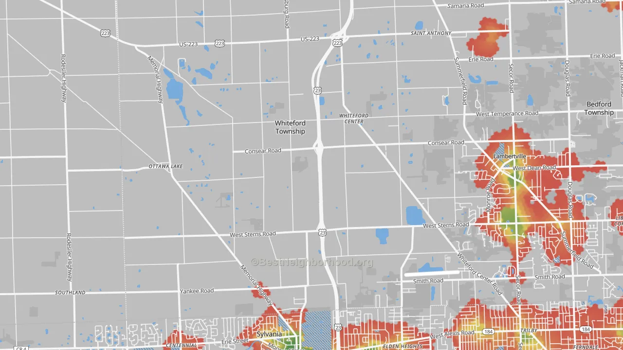 Walk Grade map of 49267, MI, walkable areas in green and car-dependent areas in red