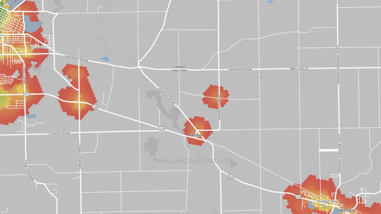 Walk Grade map of 49268, MI, walkable areas in green and car-dependent areas in red