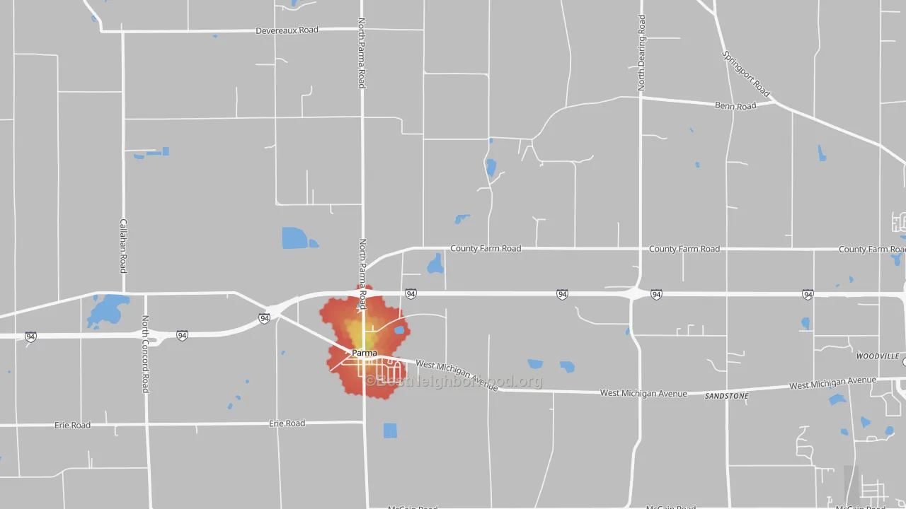 Walk Grade map of 49269, MI, walkable areas in green and car-dependent areas in red