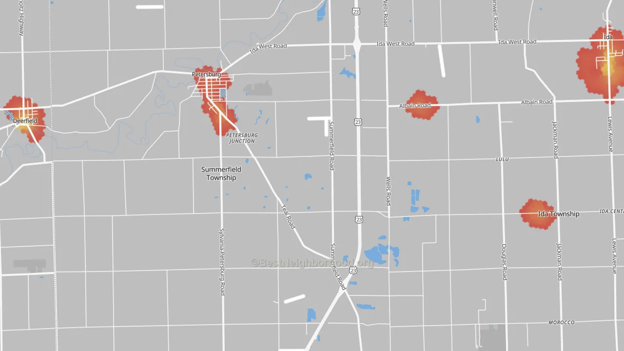 Walk Grade map of 49270, MI, walkable areas in green and car-dependent areas in red