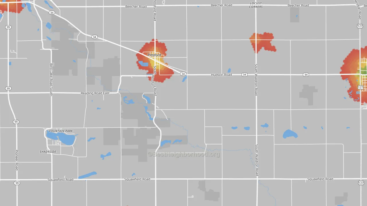 Walk Grade map of 49271, MI, walkable areas in green and car-dependent areas in red