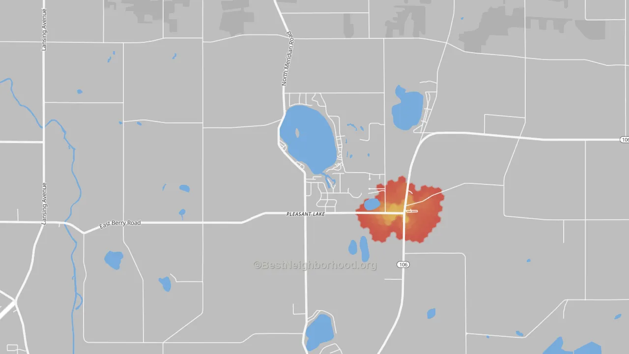 Walk Grade map of 49272, MI, walkable areas in green and car-dependent areas in red