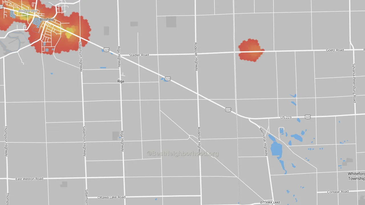 Walk Grade map of 49276, MI, walkable areas in green and car-dependent areas in red
