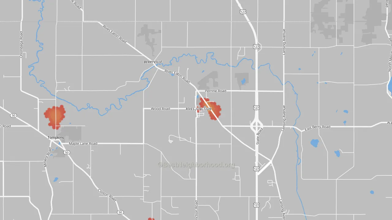 Walk Grade map of 49277, MI, walkable areas in green and car-dependent areas in red