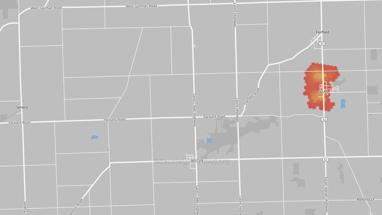 Walk Grade map of 49279, MI, walkable areas in green and car-dependent areas in red