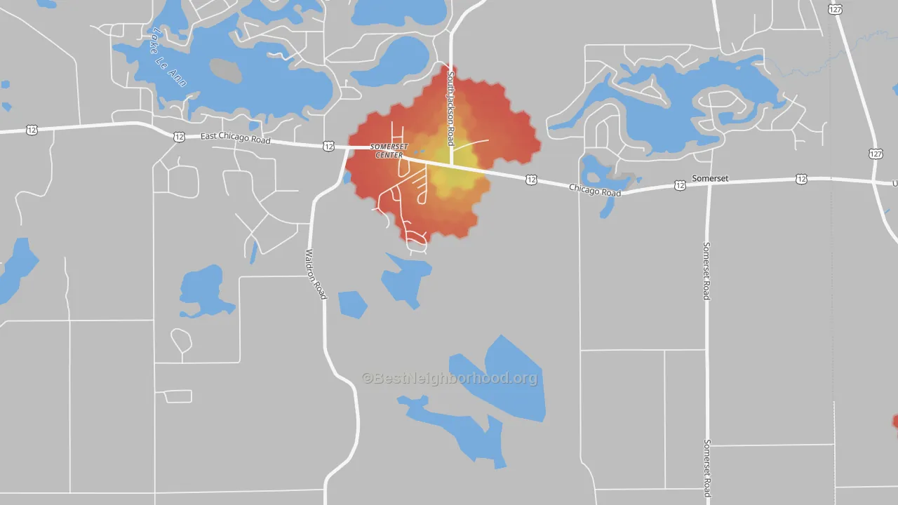 Walk Grade map of 49282, MI, walkable areas in green and car-dependent areas in red