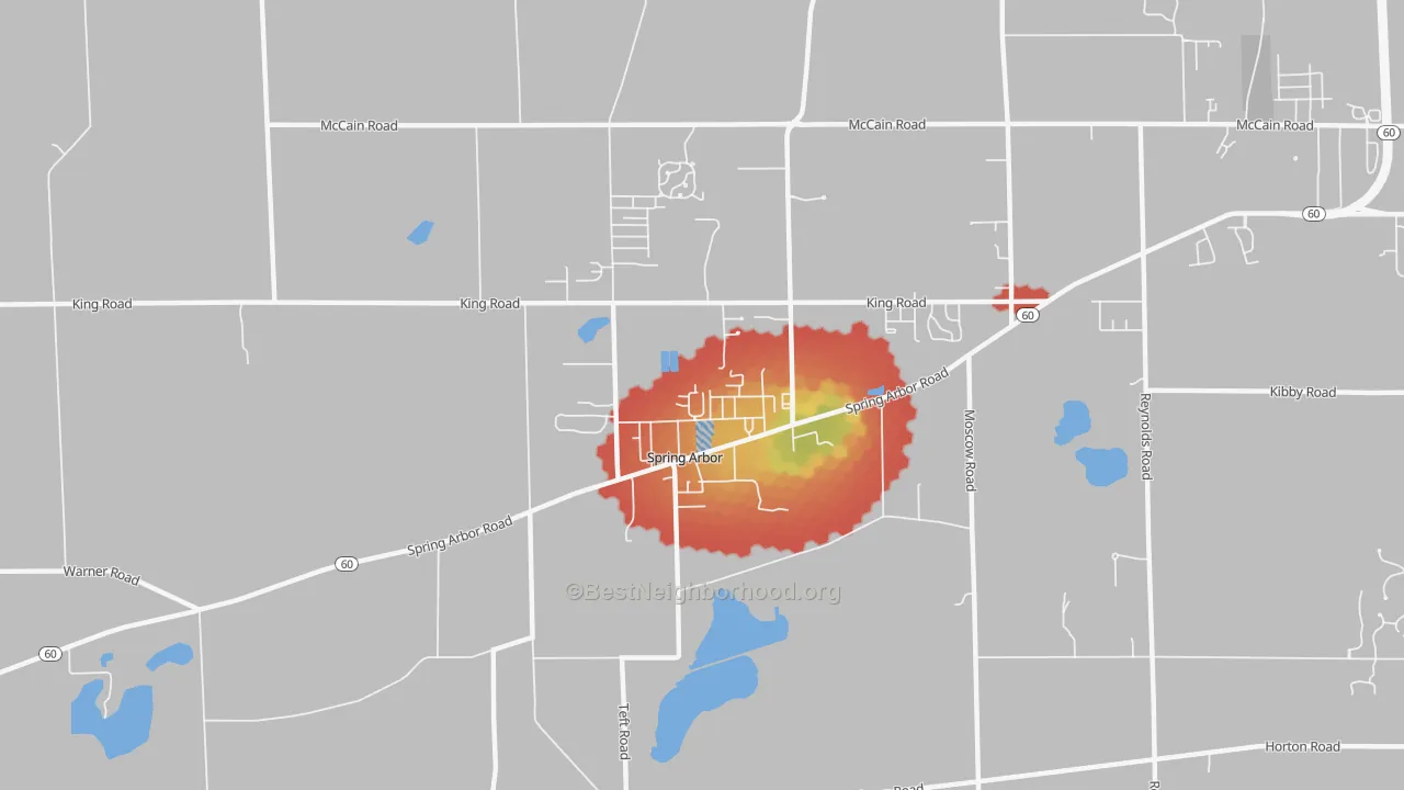 Walk Grade map of 49283, MI, walkable areas in green and car-dependent areas in red