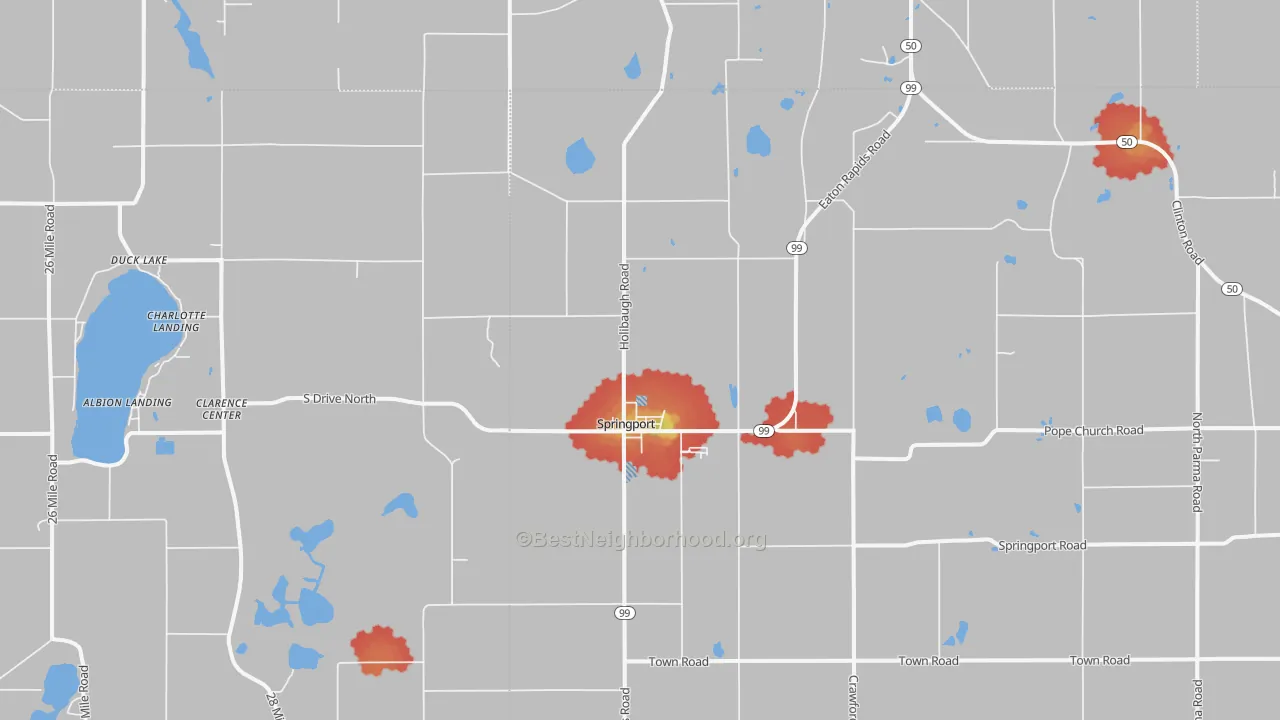 Walk Grade map of 49284, MI, walkable areas in green and car-dependent areas in red