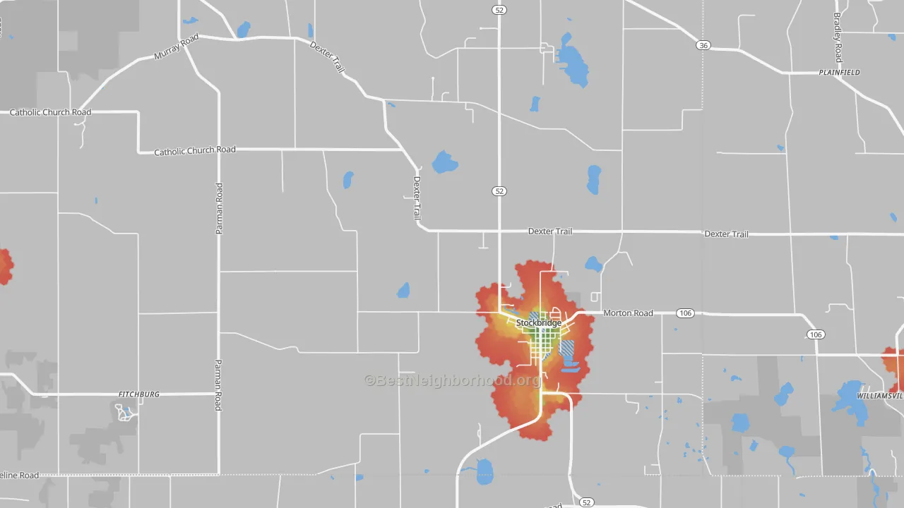 Walk Grade map of 49285, MI, walkable areas in green and car-dependent areas in red