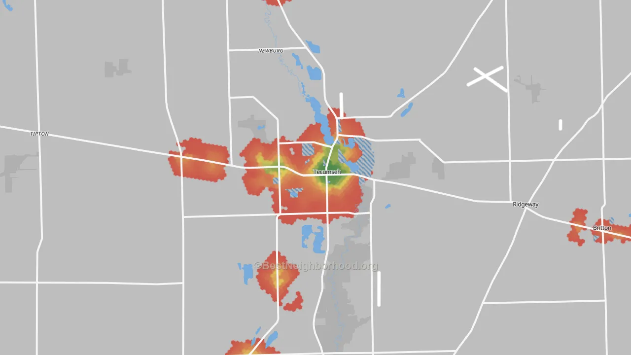 Walk Grade map of 49286, MI, walkable areas in green and car-dependent areas in red