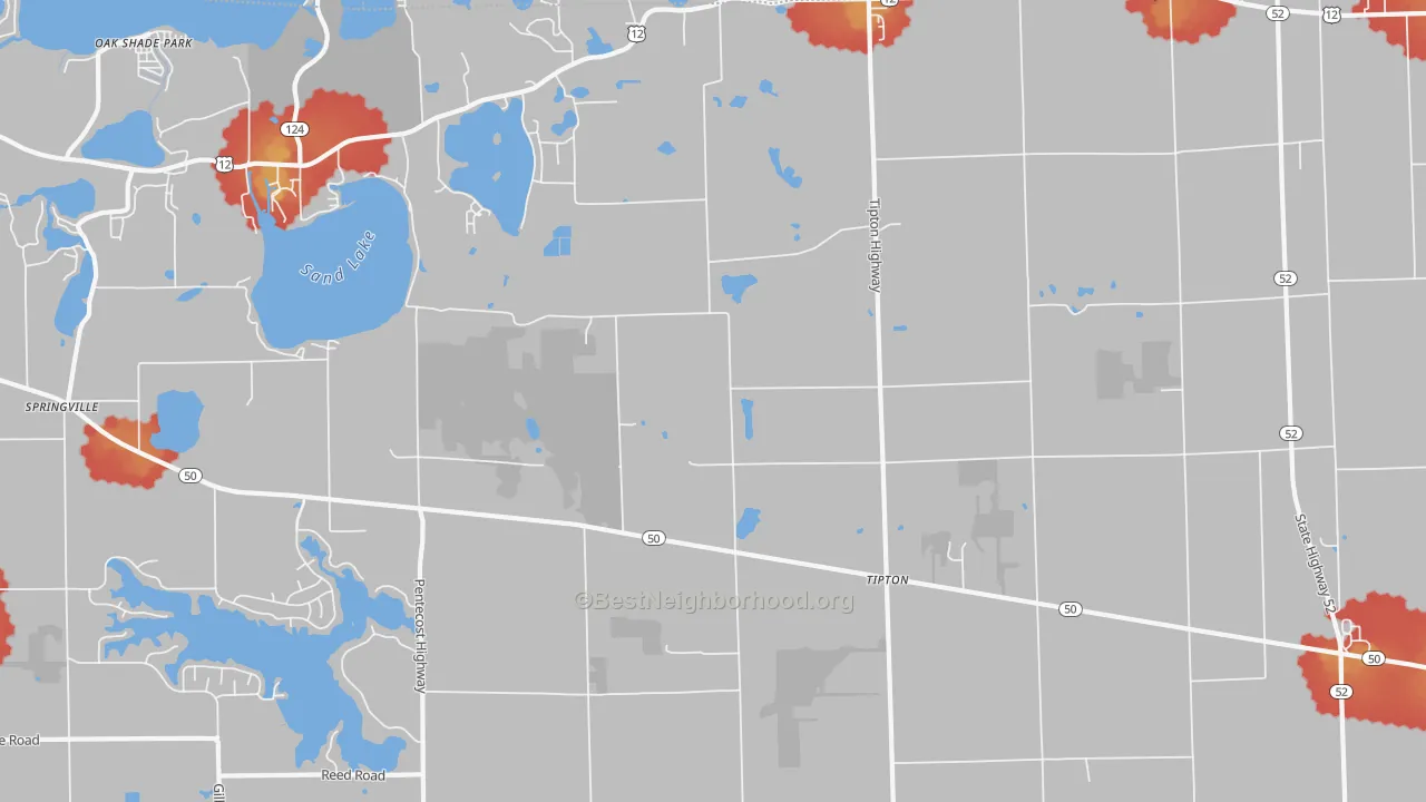 Walk Grade map of 49287, MI, walkable areas in green and car-dependent areas in red