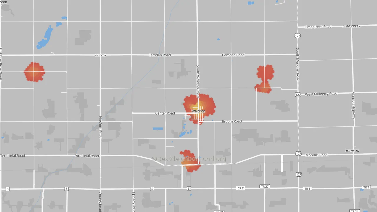 Walk Grade map of 49288, MI, walkable areas in green and car-dependent areas in red