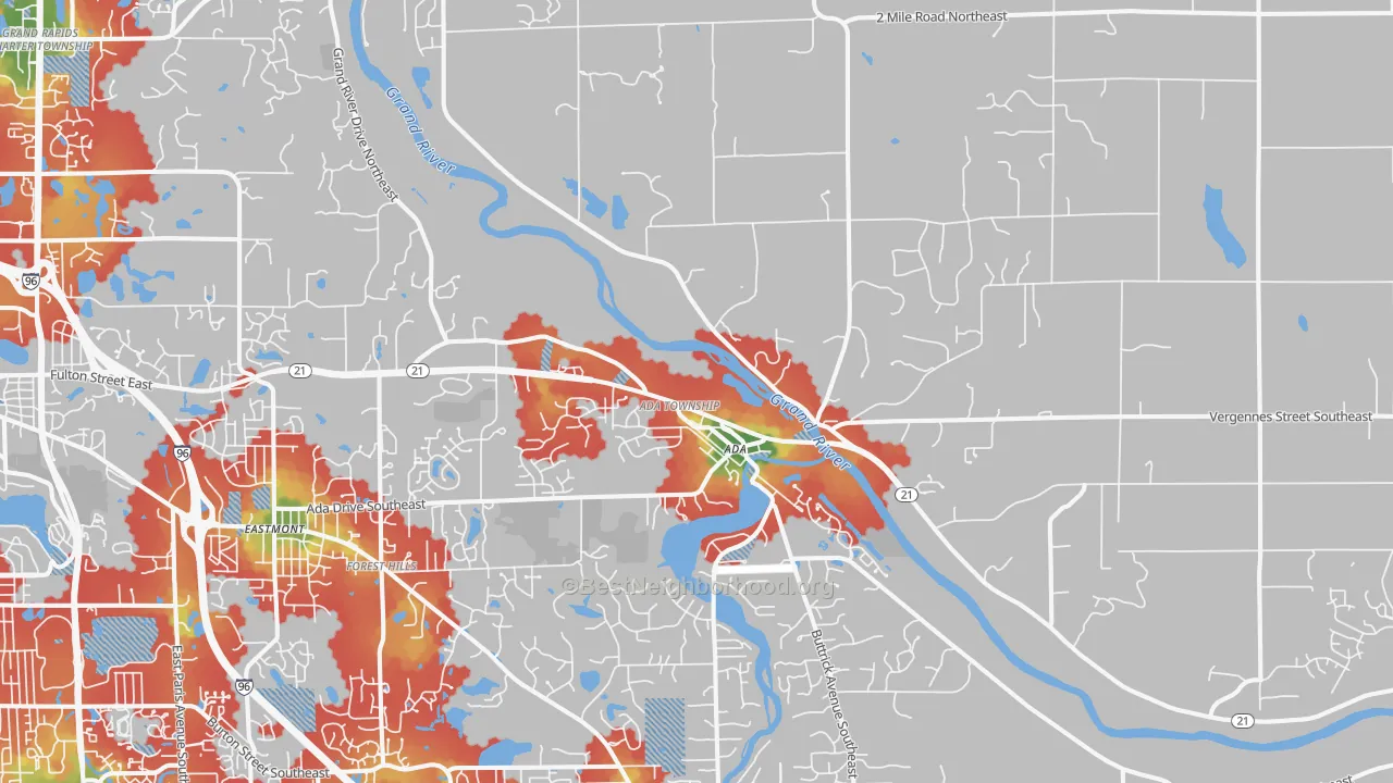 Walk Grade map of 49301, MI, walkable areas in green and car-dependent areas in red