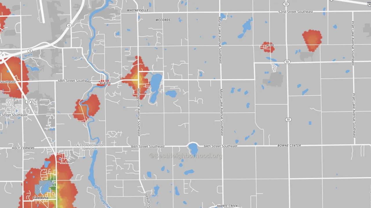 Walk Grade map of 49302, MI, walkable areas in green and car-dependent areas in red