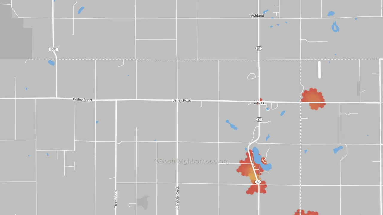 Walk Grade map of 49303, MI, walkable areas in green and car-dependent areas in red
