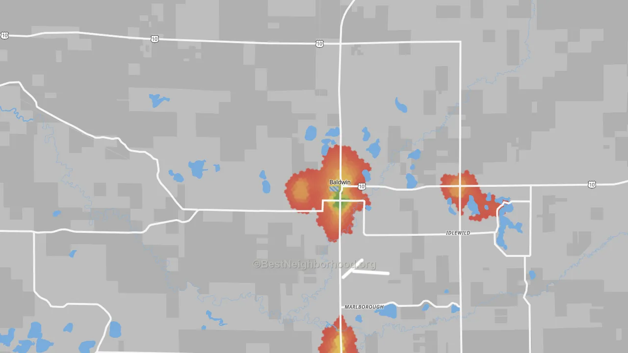 Walk Grade map of 49304, MI, walkable areas in green and car-dependent areas in red