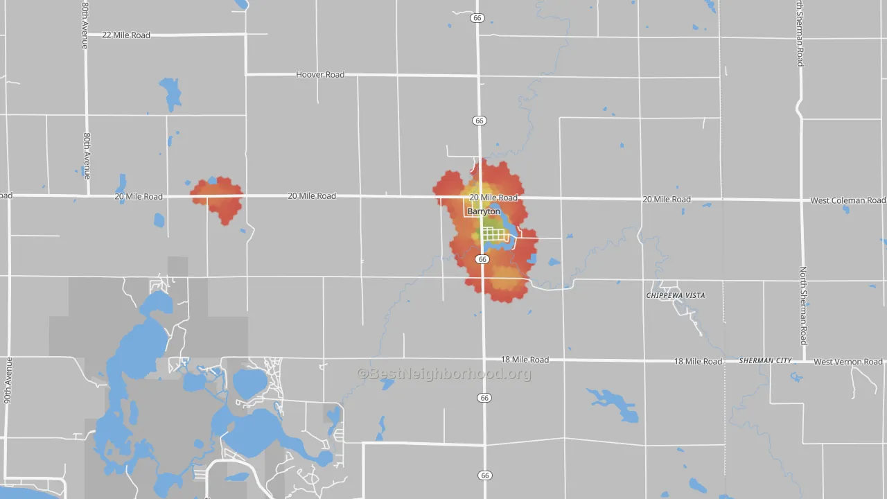 Walk Grade map of 49305, MI, walkable areas in green and car-dependent areas in red