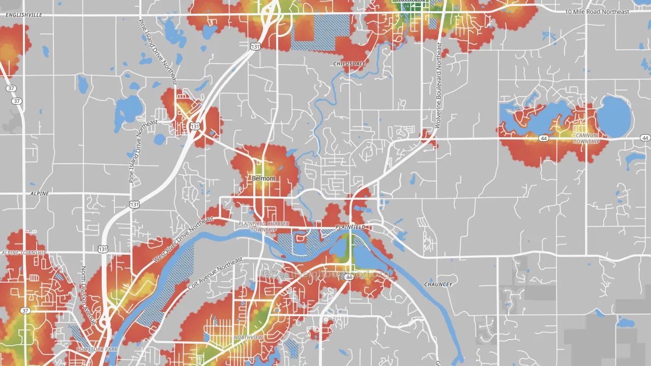 Walk Grade map of 49306, MI, walkable areas in green and car-dependent areas in red