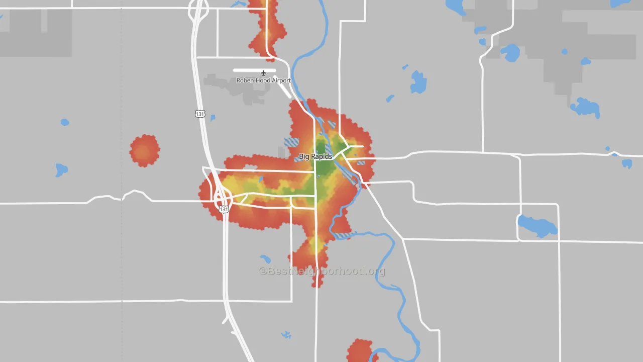 Walk Grade map of 49307, MI, walkable areas in green and car-dependent areas in red