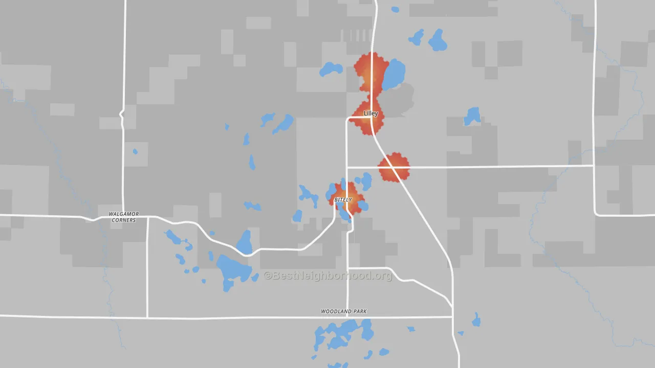 Walk Grade map of 49309, MI, walkable areas in green and car-dependent areas in red