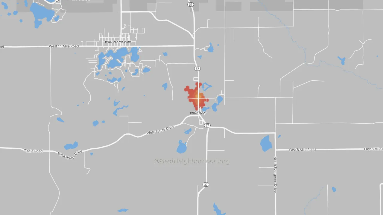 Walk Grade map of 49312, MI, walkable areas in green and car-dependent areas in red