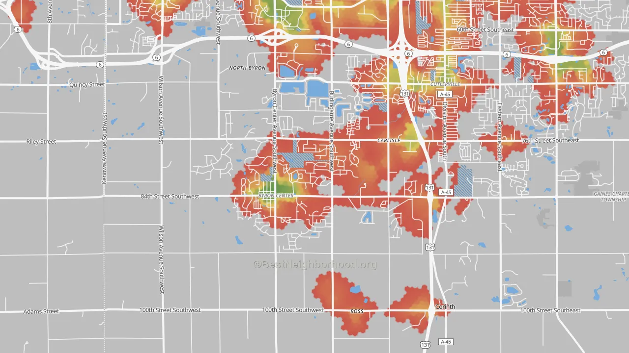 Walk Grade map of 49315, MI, walkable areas in green and car-dependent areas in red
