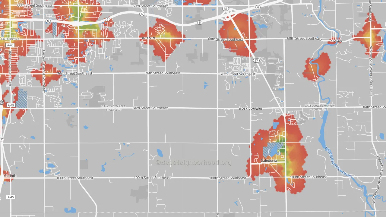 Walk Grade map of 49316, MI, walkable areas in green and car-dependent areas in red