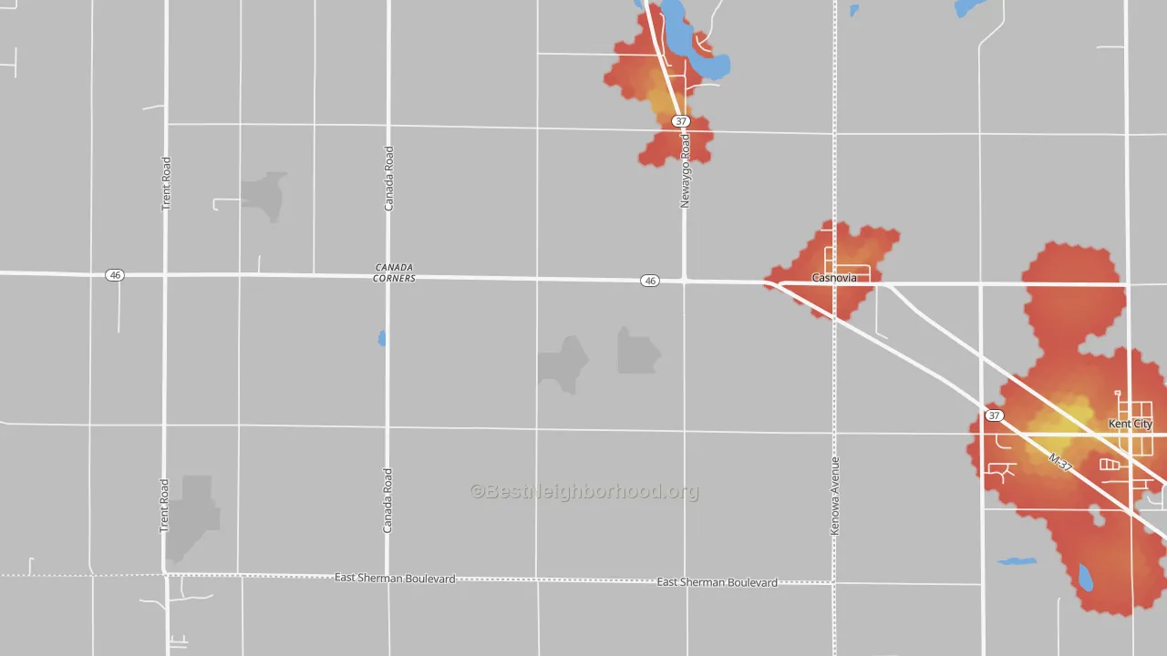 Walk Grade map of 49318, MI, walkable areas in green and car-dependent areas in red