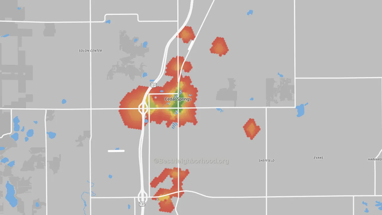 Walk Grade map of 49319, MI, walkable areas in green and car-dependent areas in red