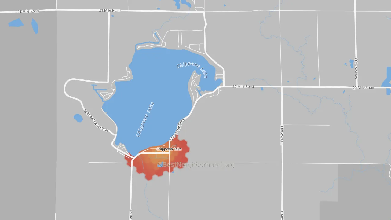 Walk Grade map of 49320, MI, walkable areas in green and car-dependent areas in red