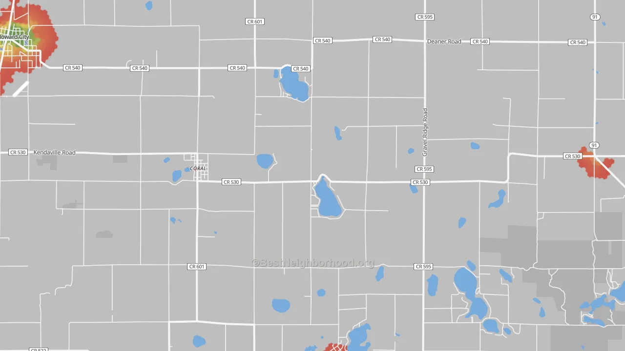 Walk Grade map of 49322, MI, walkable areas in green and car-dependent areas in red