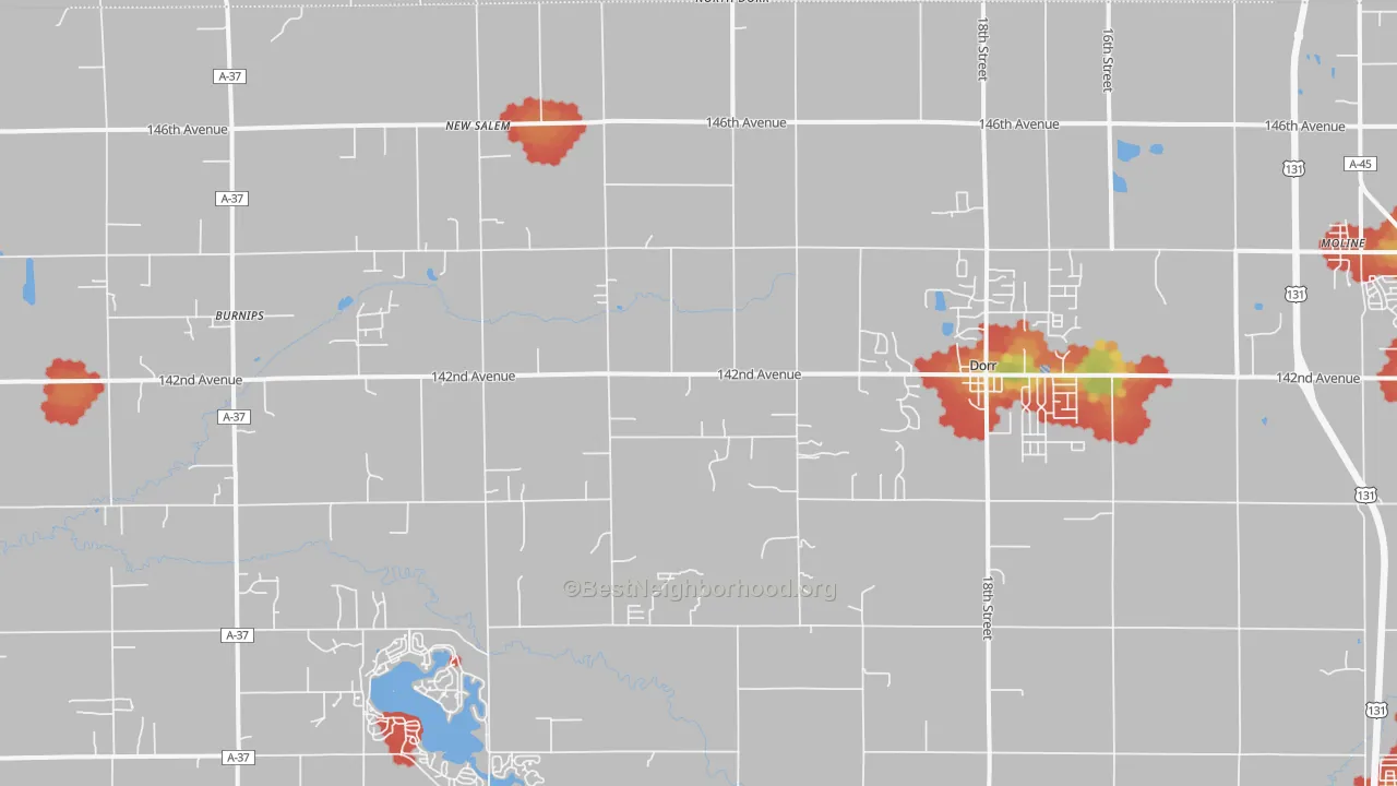 Walk Grade map of 49323, MI, walkable areas in green and car-dependent areas in red