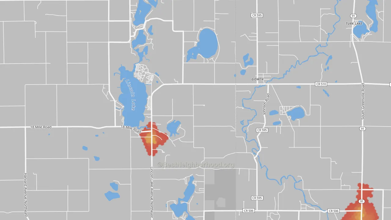 Walk Grade map of 49326, MI, walkable areas in green and car-dependent areas in red
