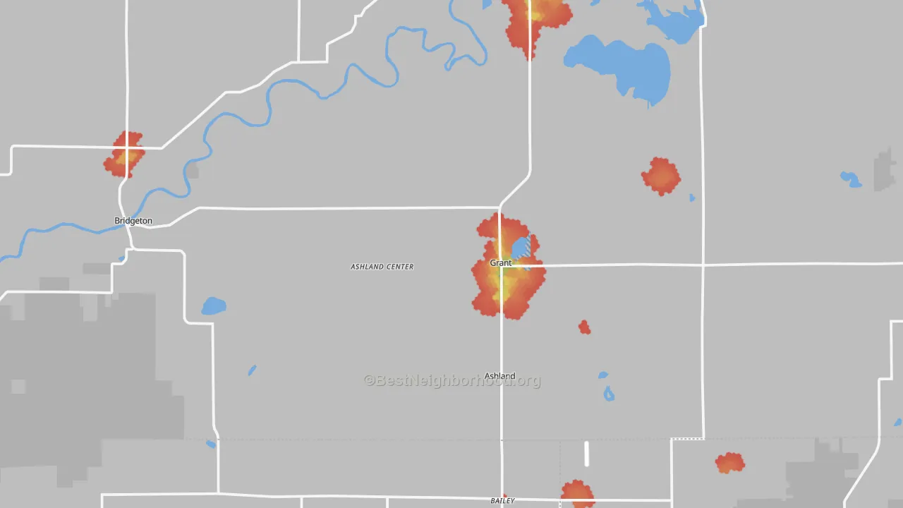 Walk Grade map of 49327, MI, walkable areas in green and car-dependent areas in red