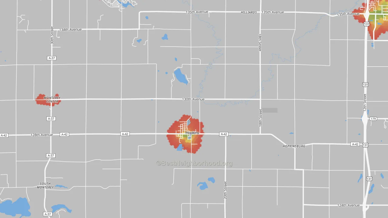 Walk Grade map of 49328, MI, walkable areas in green and car-dependent areas in red