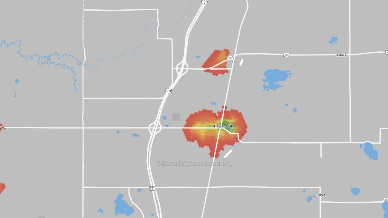 Walk Grade map of 49329, MI, walkable areas in green and car-dependent areas in red