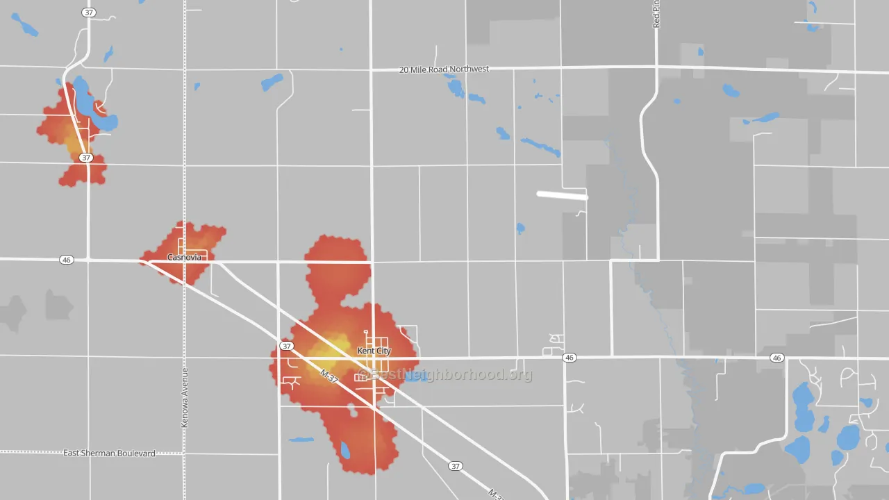 Walk Grade map of 49330, MI, walkable areas in green and car-dependent areas in red
