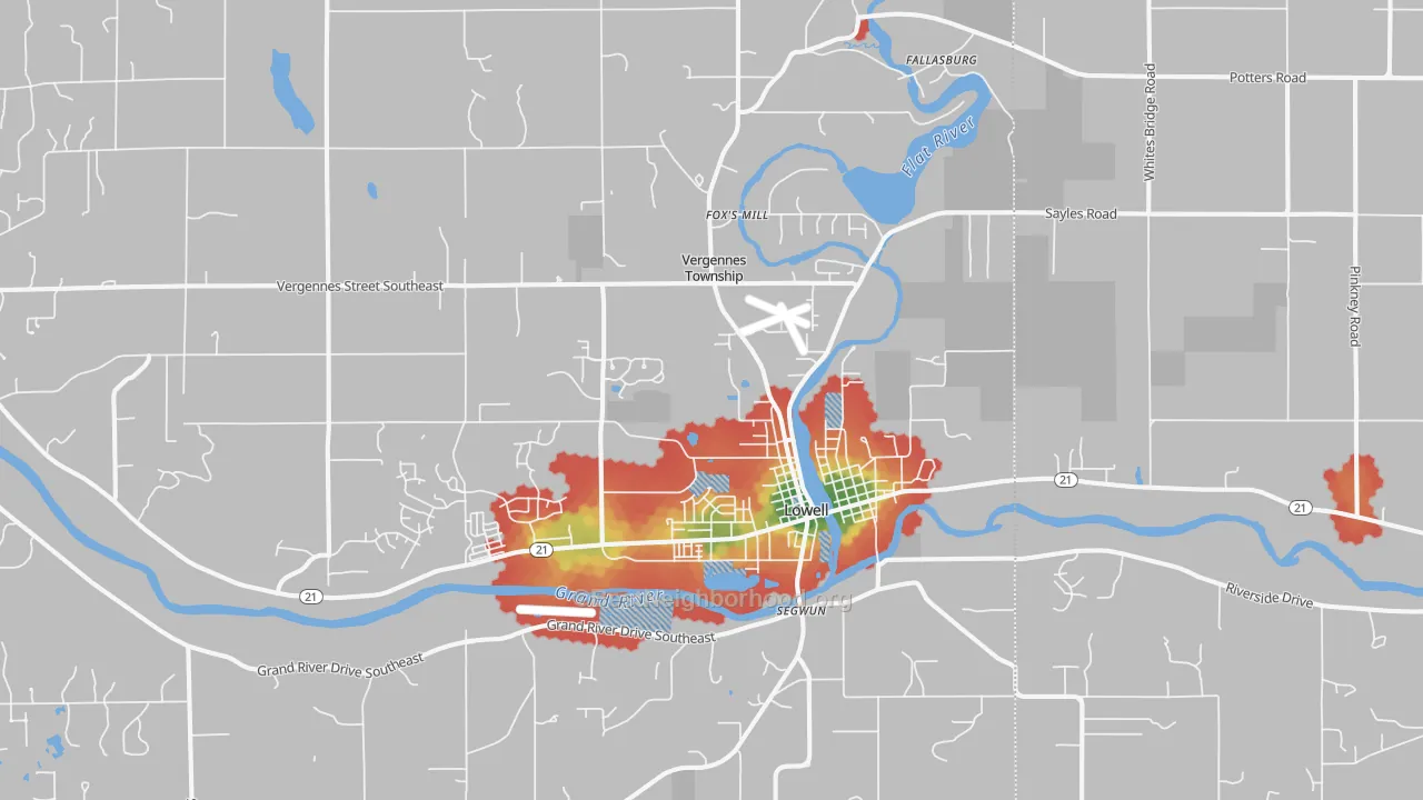 Walk Grade map of 49331, MI, walkable areas in green and car-dependent areas in red