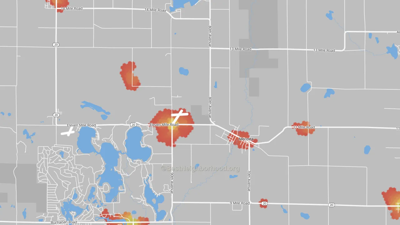 Walk Grade map of 49332, MI, walkable areas in green and car-dependent areas in red
