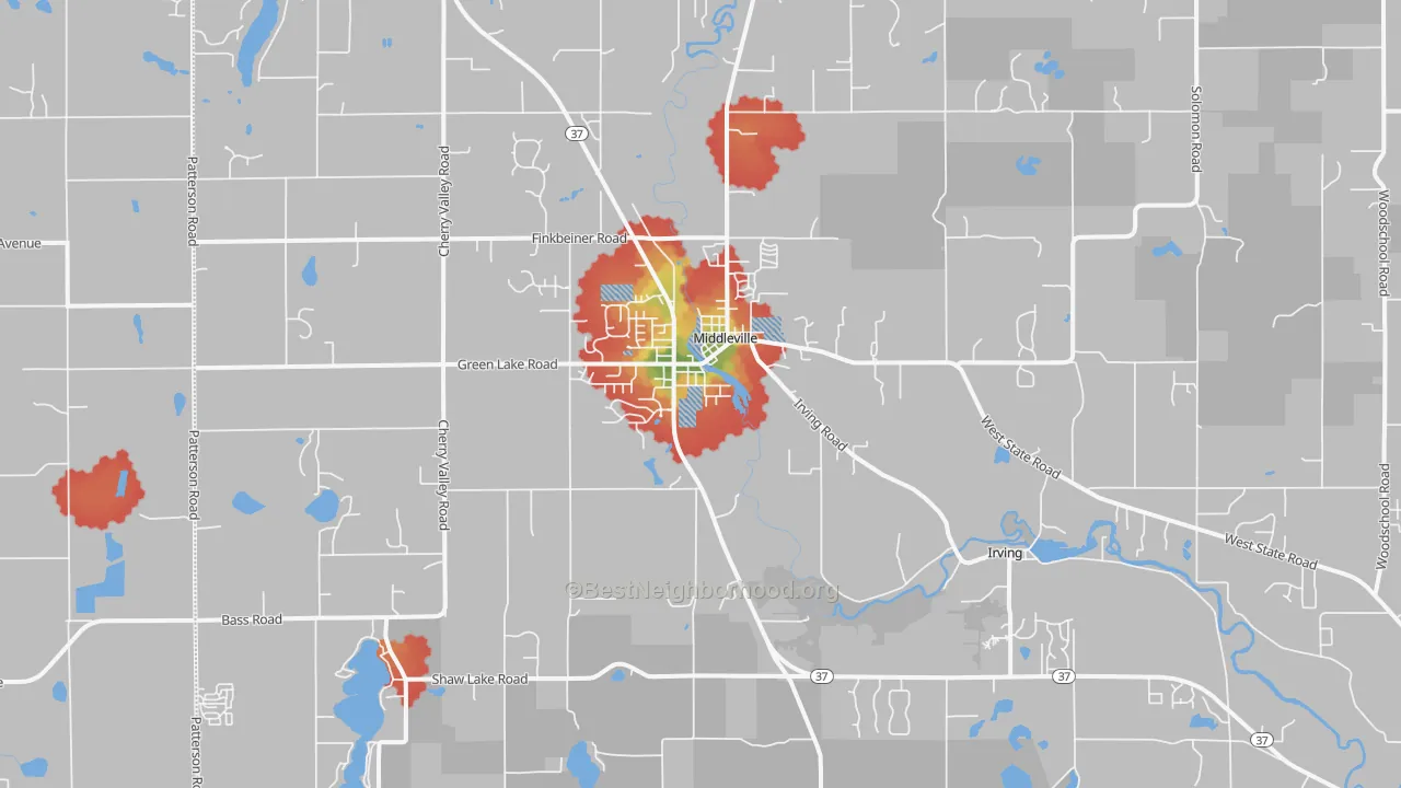 Walk Grade map of 49333, MI, walkable areas in green and car-dependent areas in red