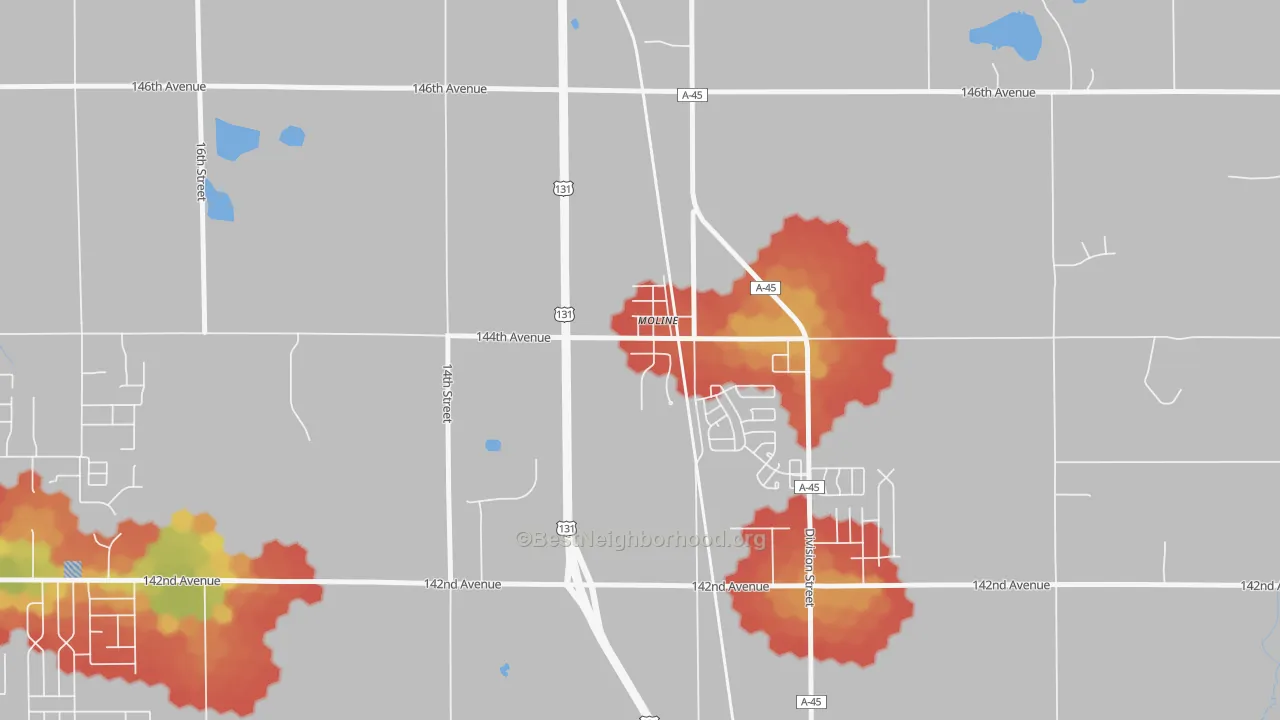 Walk Grade map of 49335, MI, walkable areas in green and car-dependent areas in red