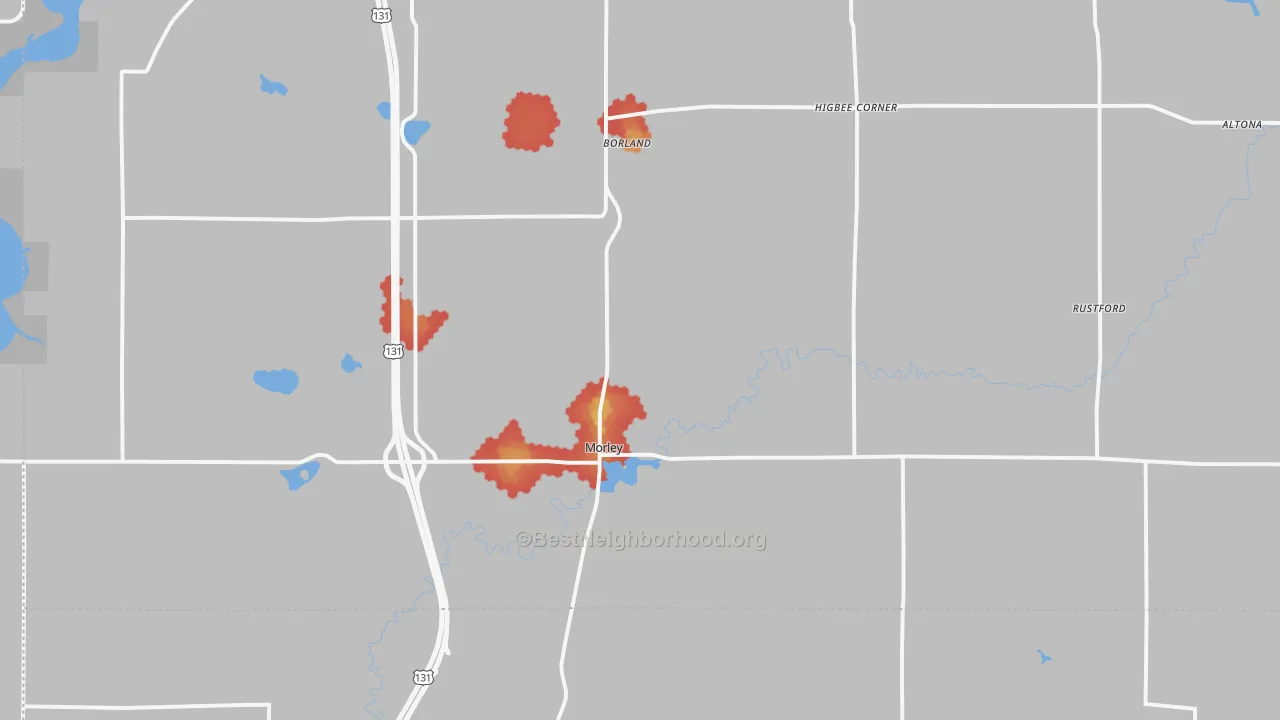 Walk Grade map of 49336, MI, walkable areas in green and car-dependent areas in red