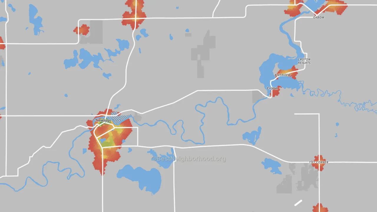 Walk Grade map of 49337, MI, walkable areas in green and car-dependent areas in red