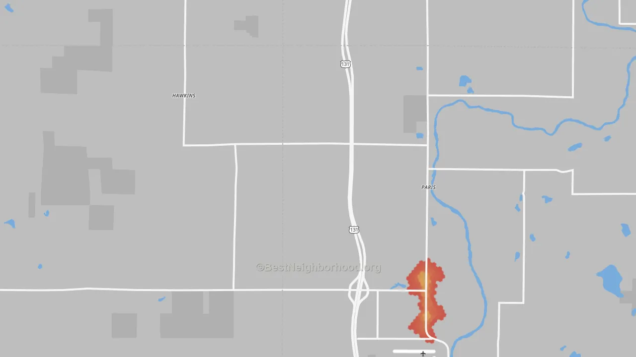 Walk Grade map of 49338, MI, walkable areas in green and car-dependent areas in red